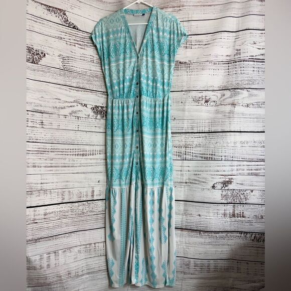 Cabana Life Dress Womens Sz L Maxi button up paisley V Neck Tiered UPF Cover up - Picture 1 of 11